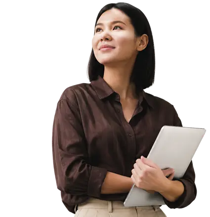 A woman holding a tablet, looking up